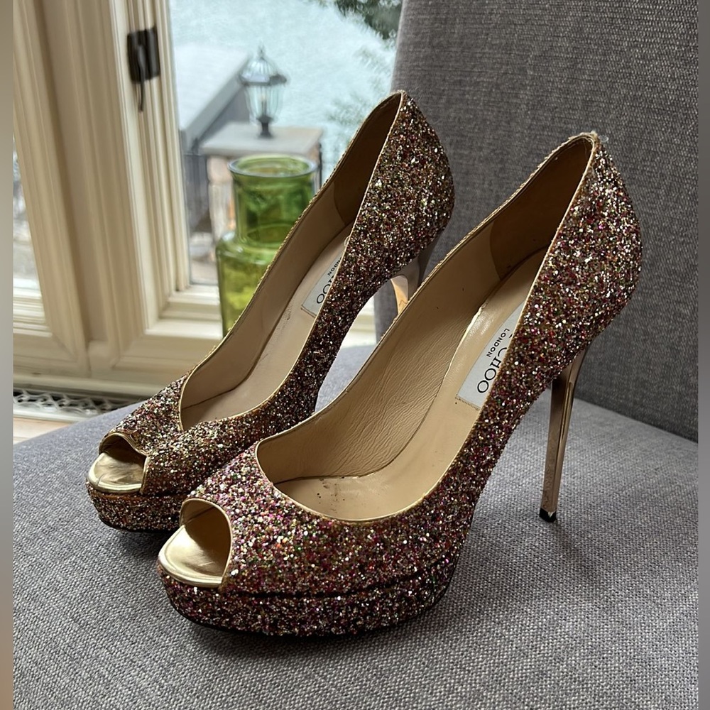 JIMMY CHOO - Multicolor Glitter Crown Peep Toe Heels (AS IS)